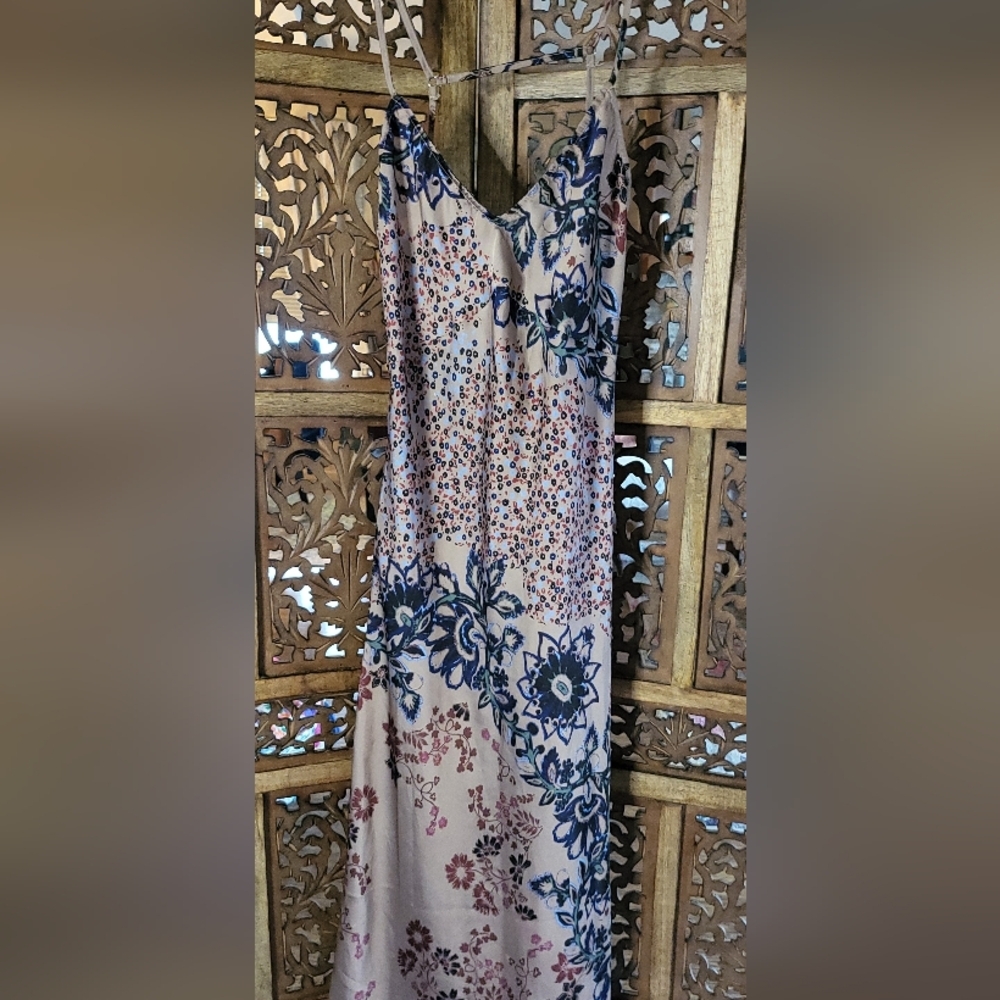 Free People Nude Maxi Slip Dress with Blue and Pink Floral Print